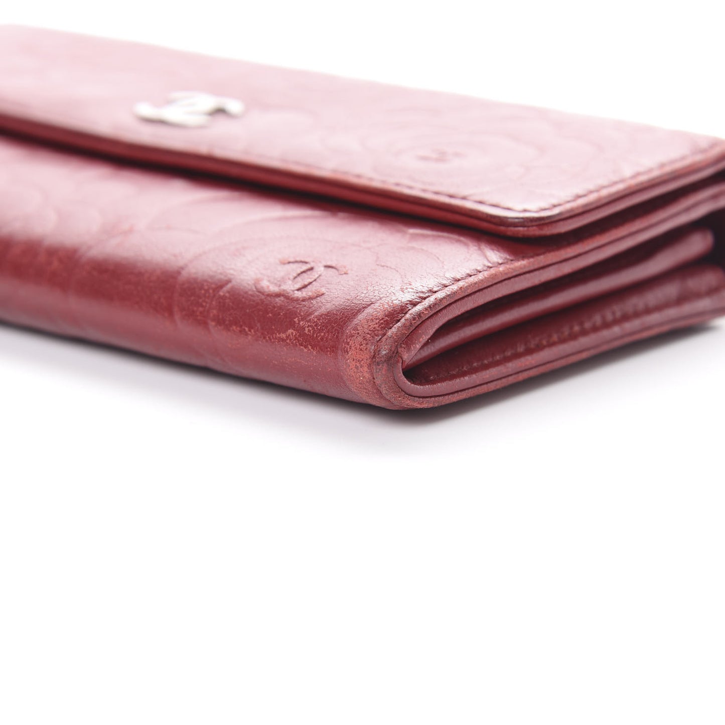 Lambskin Camellia Embossed Flap Wallet Red