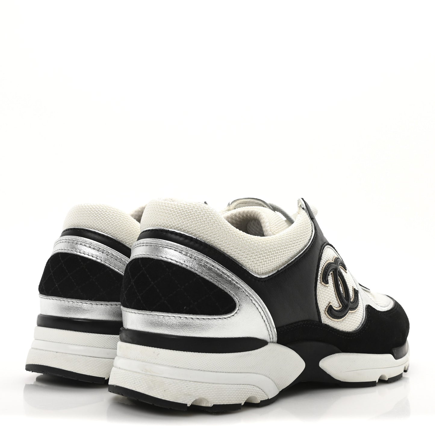 Mesh Suede Calfskin Grained Calfskin Womens CC Sneakers 40 Black White Silver