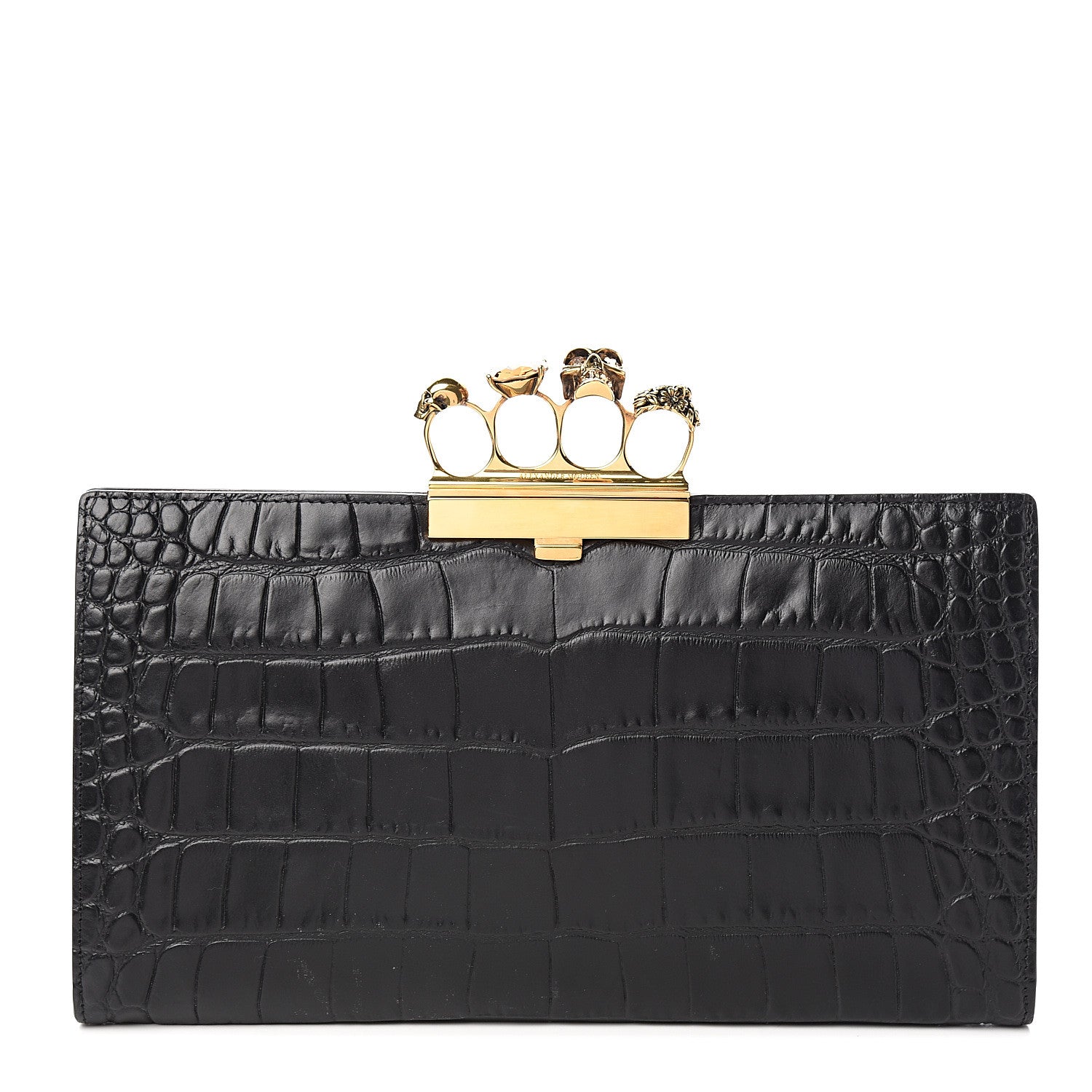 Alexander McQueen Calfskin Crocodile Embossed Knuckle Flat Clutch Black Gold 1 of 7