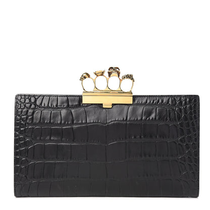 Alexander McQueen Calfskin Crocodile Embossed Knuckle Flat Clutch Black Gold 1 of 7