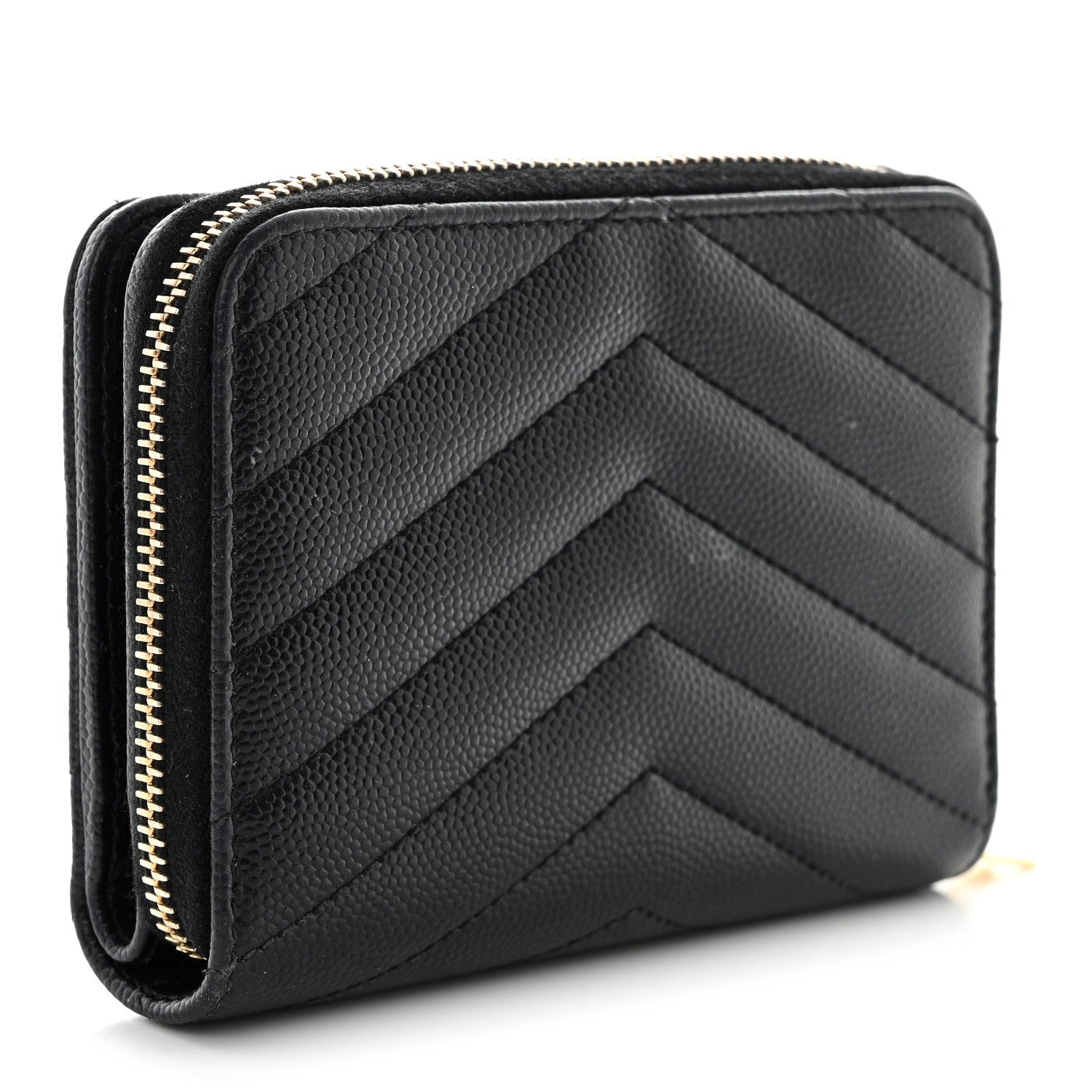 Saint Laurent Grain De Poudre Matelasse Chevron Monogram Compact Zip Around Wallet Black 3 of 14