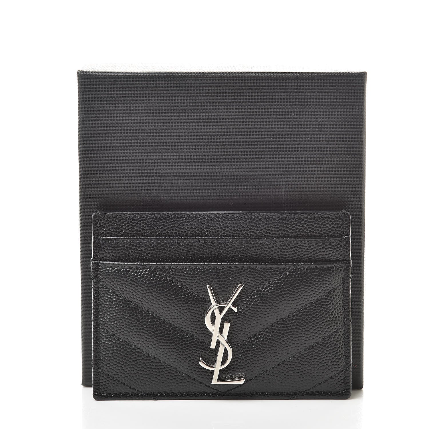 Saint Laurent Grain De Poudre Matelasse Chevron Monogram Credit Card Case Black 12 of 12