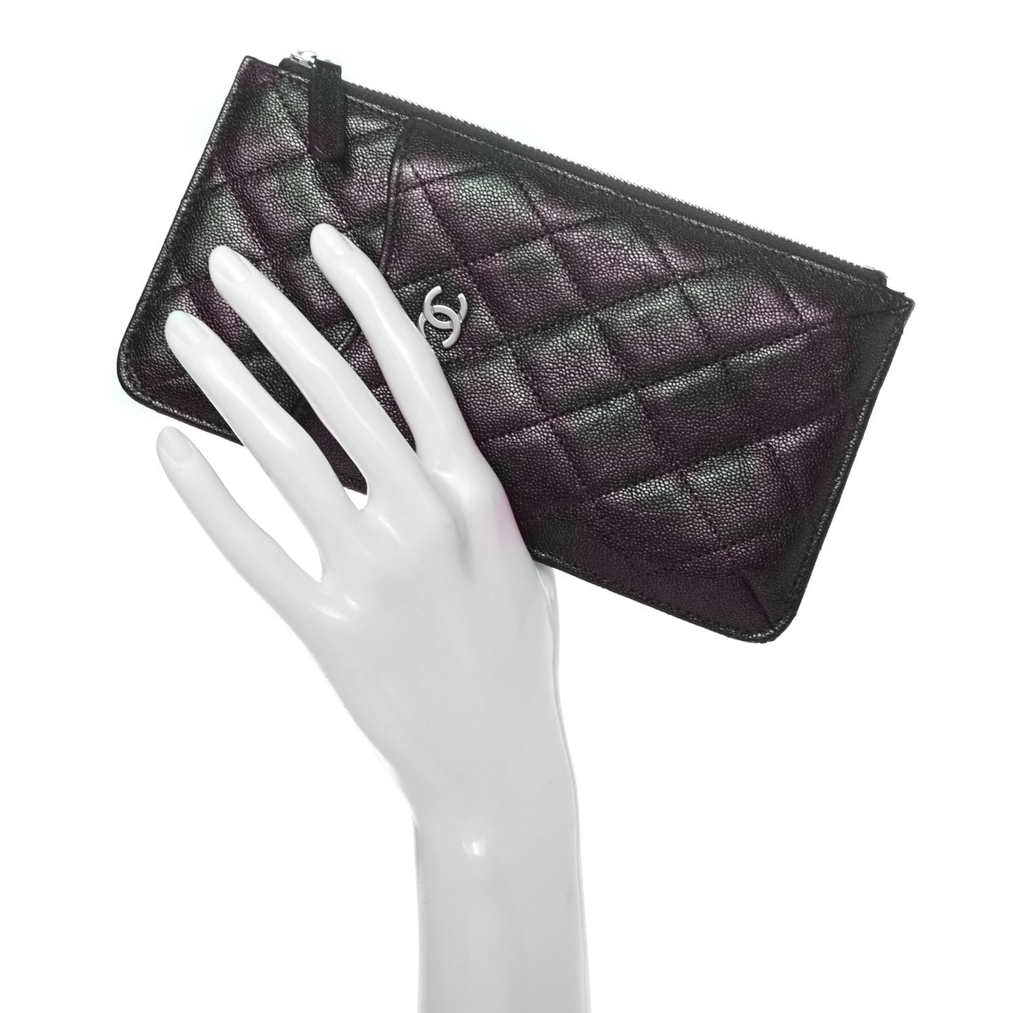 Iridescent Caviar Quilted Classic Flat Wallet Pouch Black