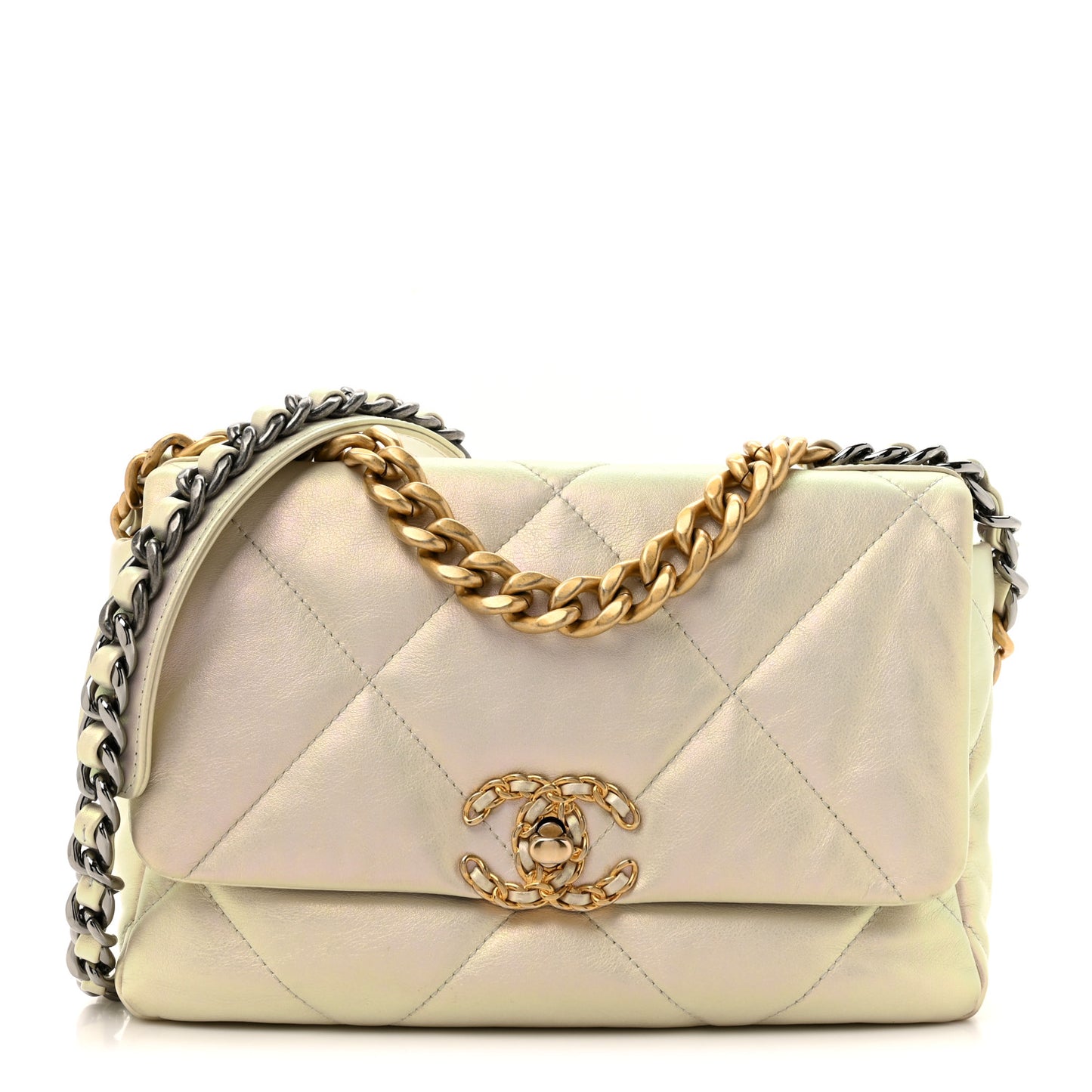 Iridescent Calfskin Quilted Medium Chanel 19 Flap White