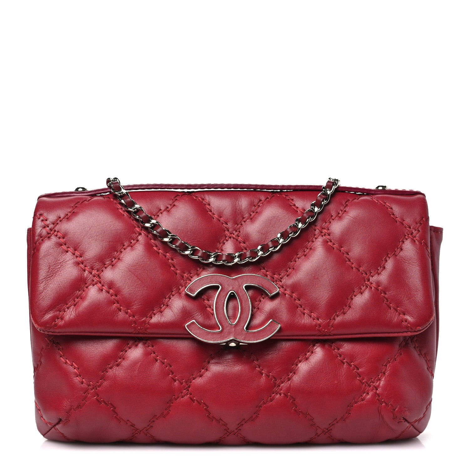 Chanel Calfskin Quilted Double Stitch Hamptons Clutch with Chain Red Red 1 of 12