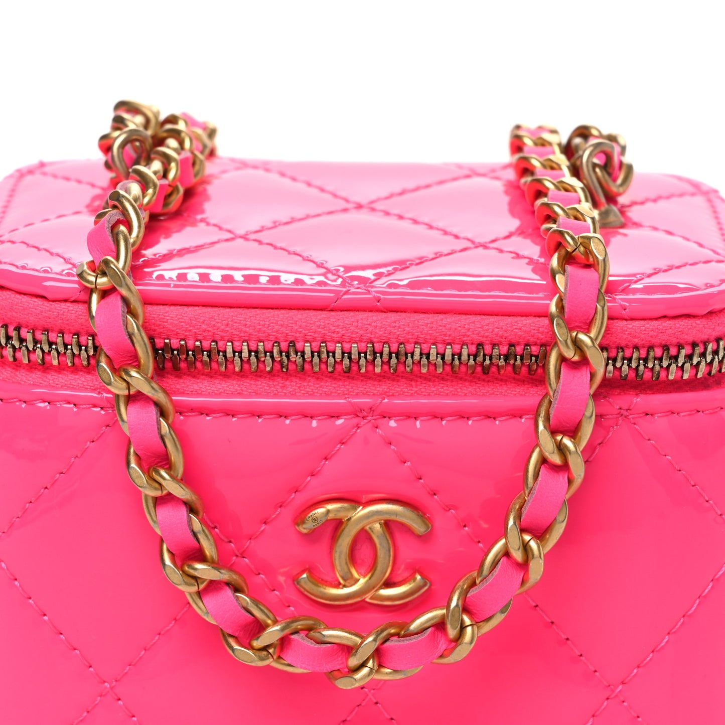 Patent Quilted Pearl Crush Mini Vanity Case With Chain Neon Pink
