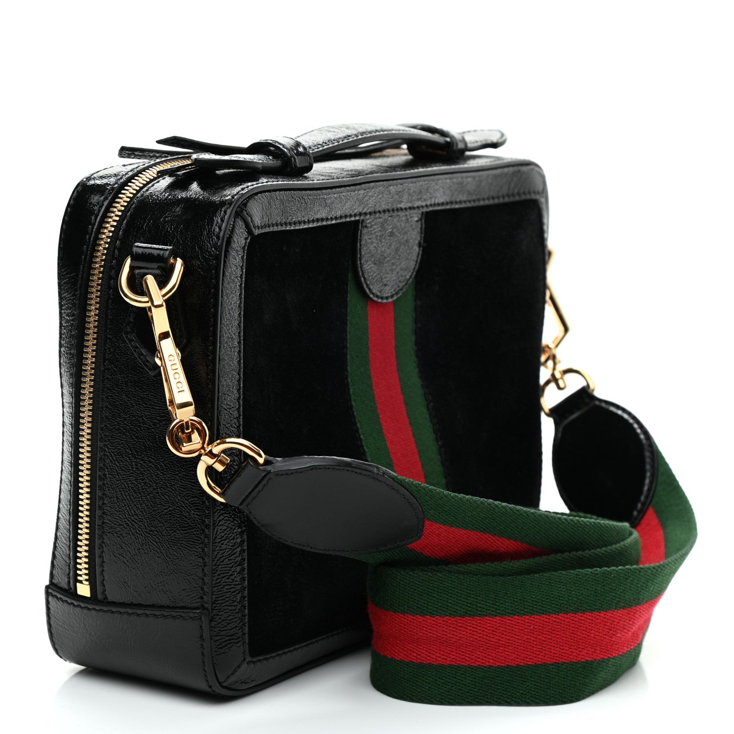 Gucci Suede Patent Web Small Ophidia Top Handle Shoulder Bag Black 3 of 9