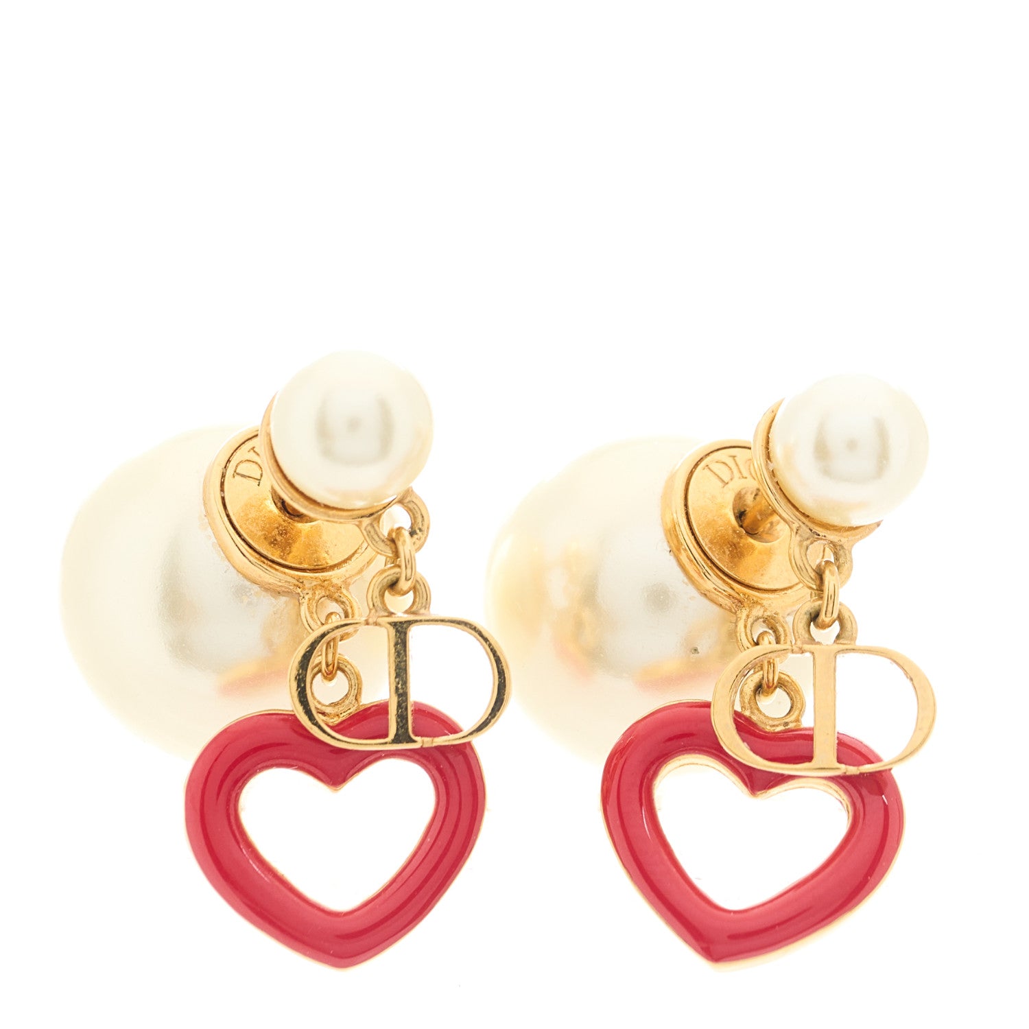 Christian Dior Pearl Heart Tribal Dioramour Earrings Gold Red 1 of 5
