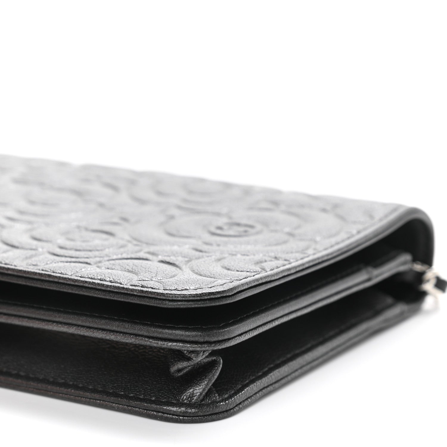 Chanel Goatskin Camellia Embossed Wallet On Chain WOC Grey 11 of 12