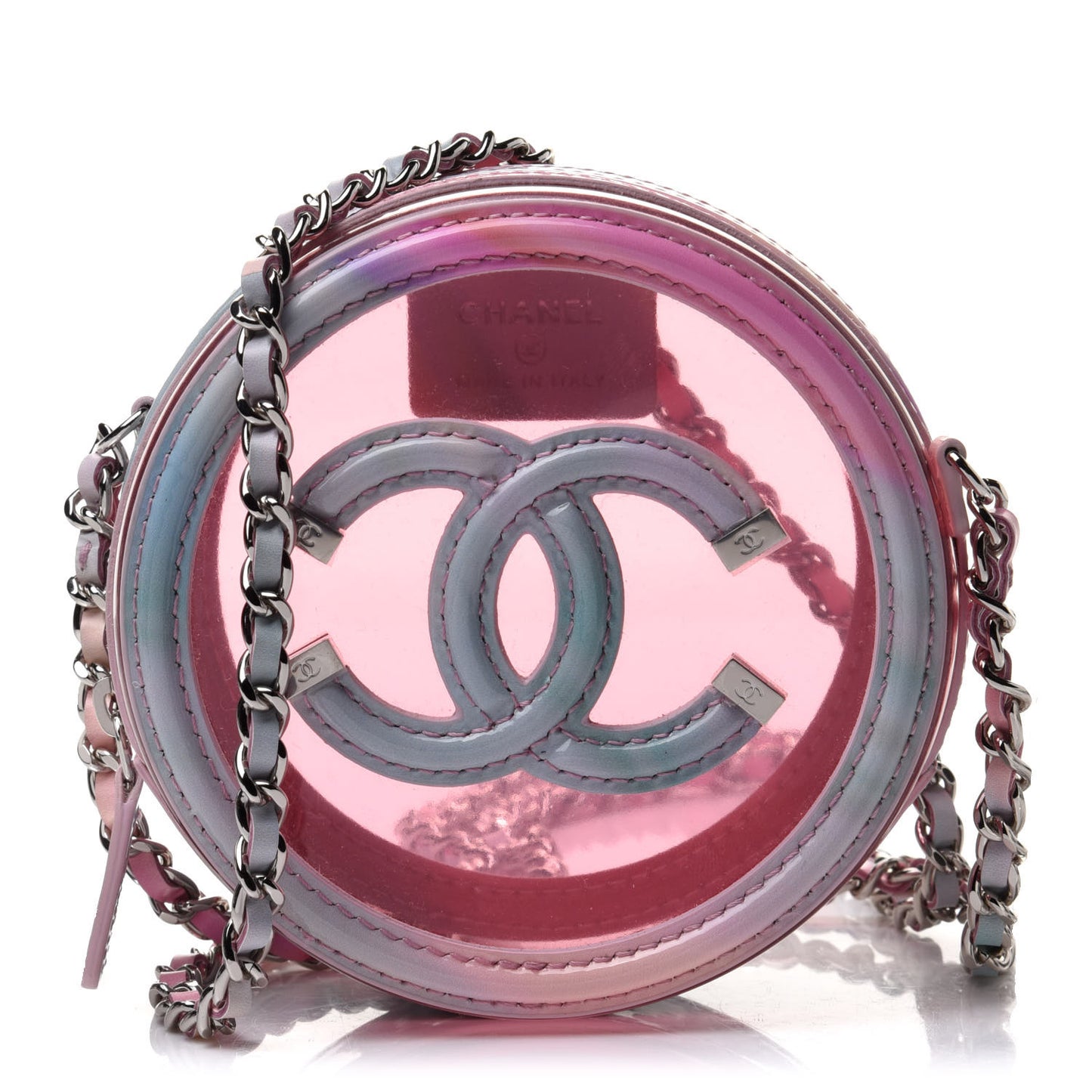 PVC Lambskin Filigree Round Clutch With Chain Pink