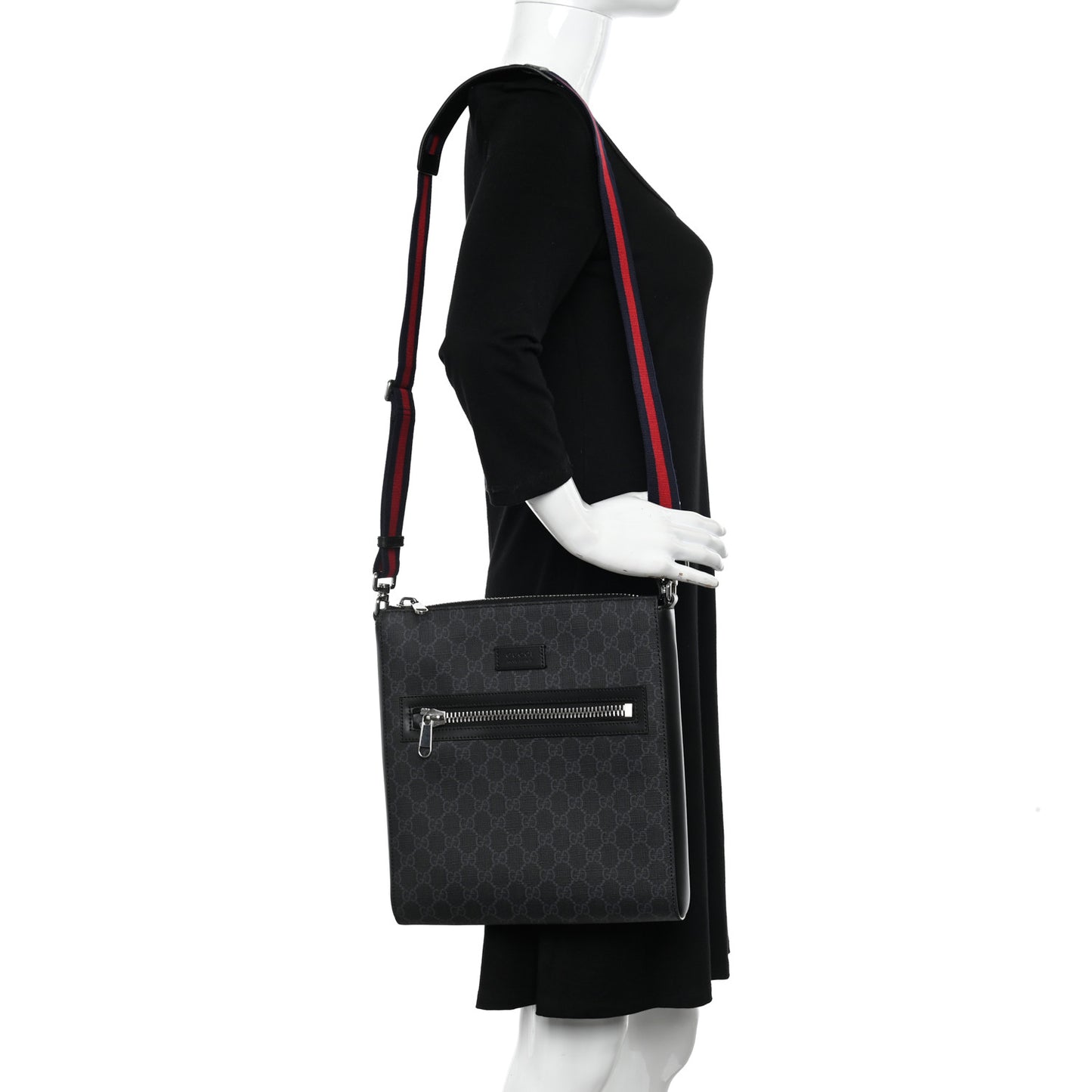 GG Supreme Monogram Appia Calfskin Web Flat Messenger Bag Black Grey