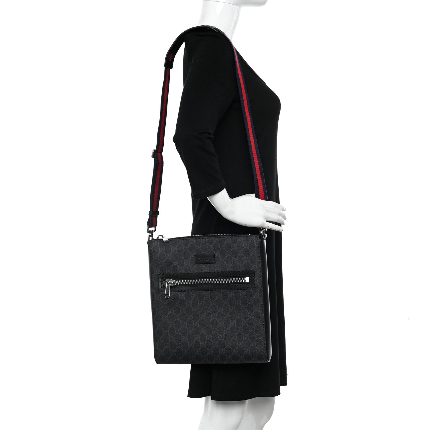 Gucci GG Supreme Monogram Appia Calfskin Web Flat Messenger Bag Black Grey 2 of 9