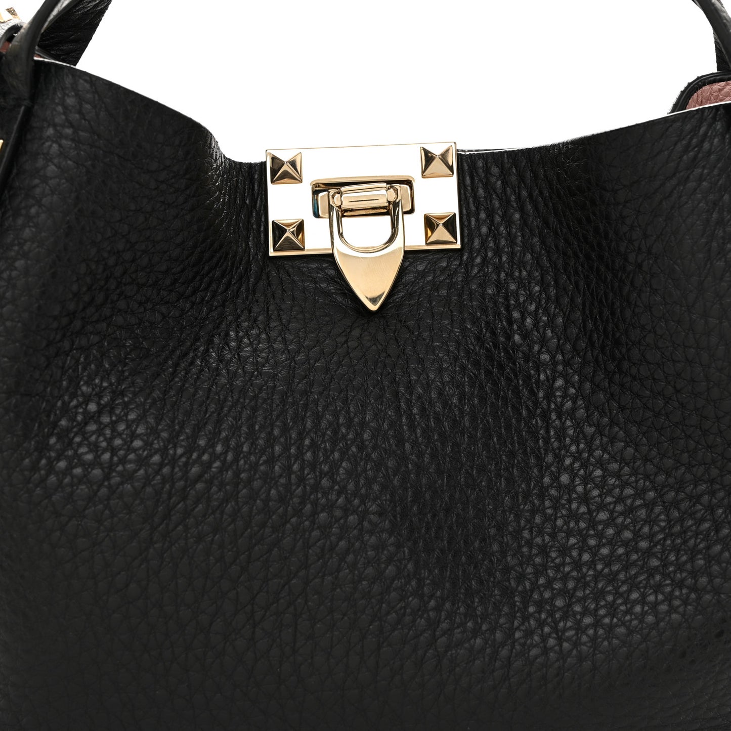 Grained Calfskin Small Rockstud Flip Lock Tote Black Rose Quartz