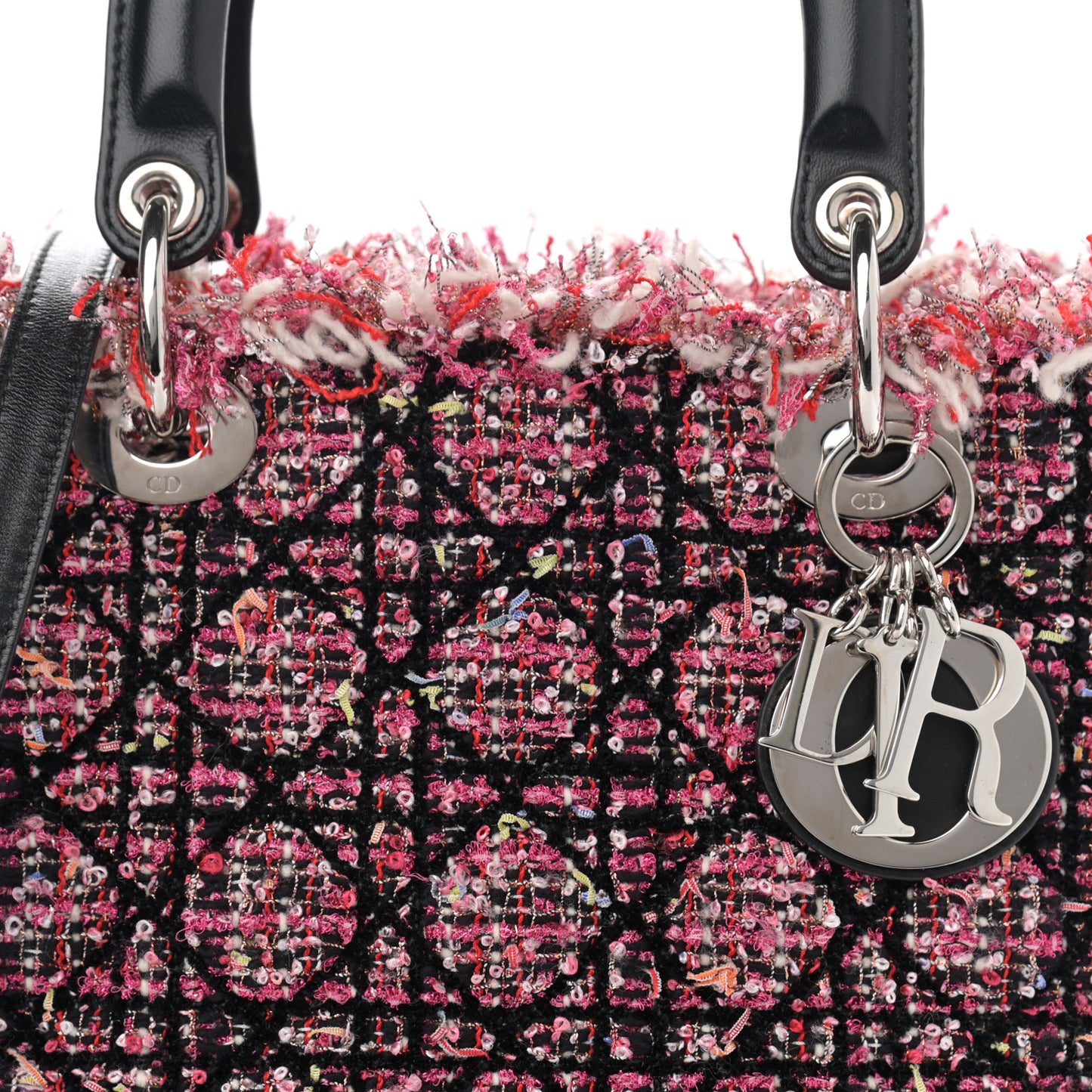 Tweed Fringe Cannage Embroidered Medium Lady Dior Pink Black Multicolor