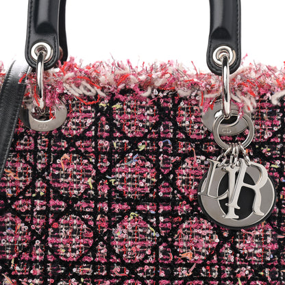 Christian Dior Tweed Fringe Cannage Embroidered Medium Lady Dior Pink Black Multicolor 8 of 13
