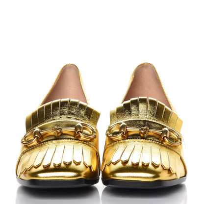 Gucci Metallic Nappa Silk Polly Kiltie Fringe 55mm Loafer Pumps 38.5 Oro Vecchio 3 of 11