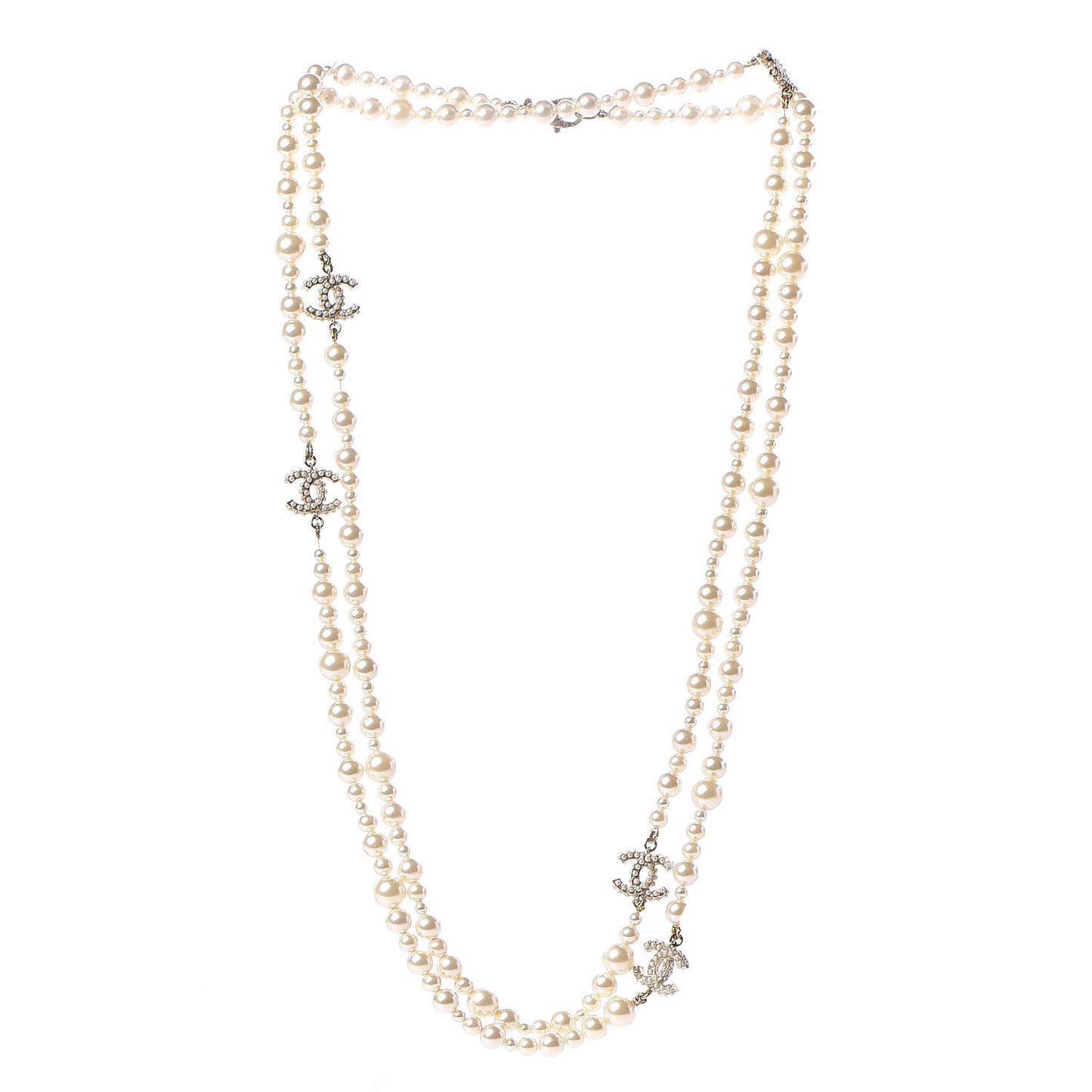Graduated Pearl CC Long Necklace Light Gold