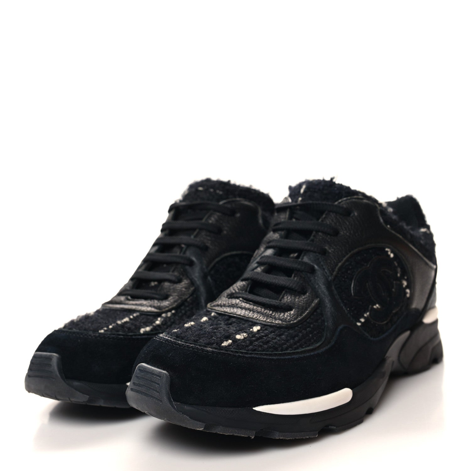Chanel Tweed Suede Goatskin CC Sneakers 40 Black White 3 of 8