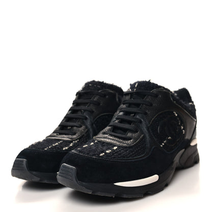 Chanel Tweed Suede Goatskin CC Sneakers 40 Black White 3 of 8