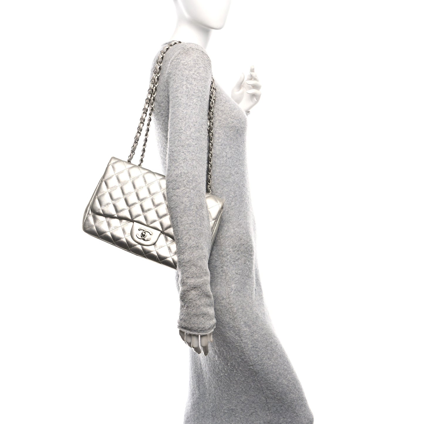 Metallic Lambskin Quilted Jumbo Single Flap Silver
