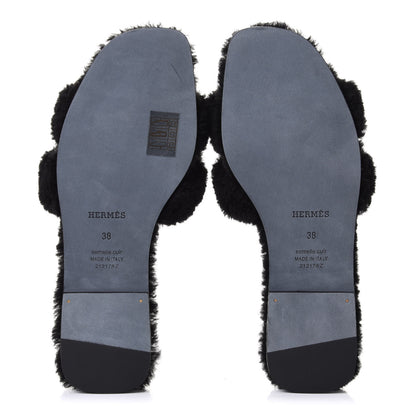 Hermes Woolskin Oran Sandals 38 Black 6 of 9
