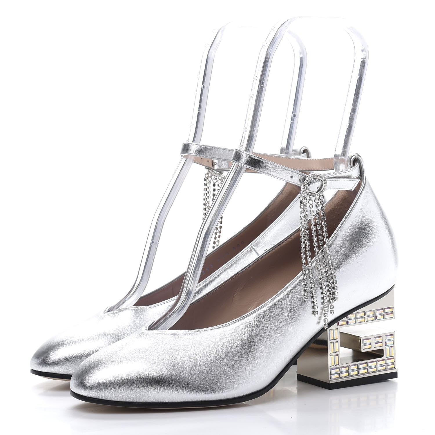 Gucci Metallic Nappa Crystal Square G Mid Heel Pumps 37.5 Silver 3 of 10
