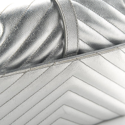 Saint Laurent Metallic Grain De Poudre Matelasse Chevron Medium Monogram Satchel Silver 13 of 17