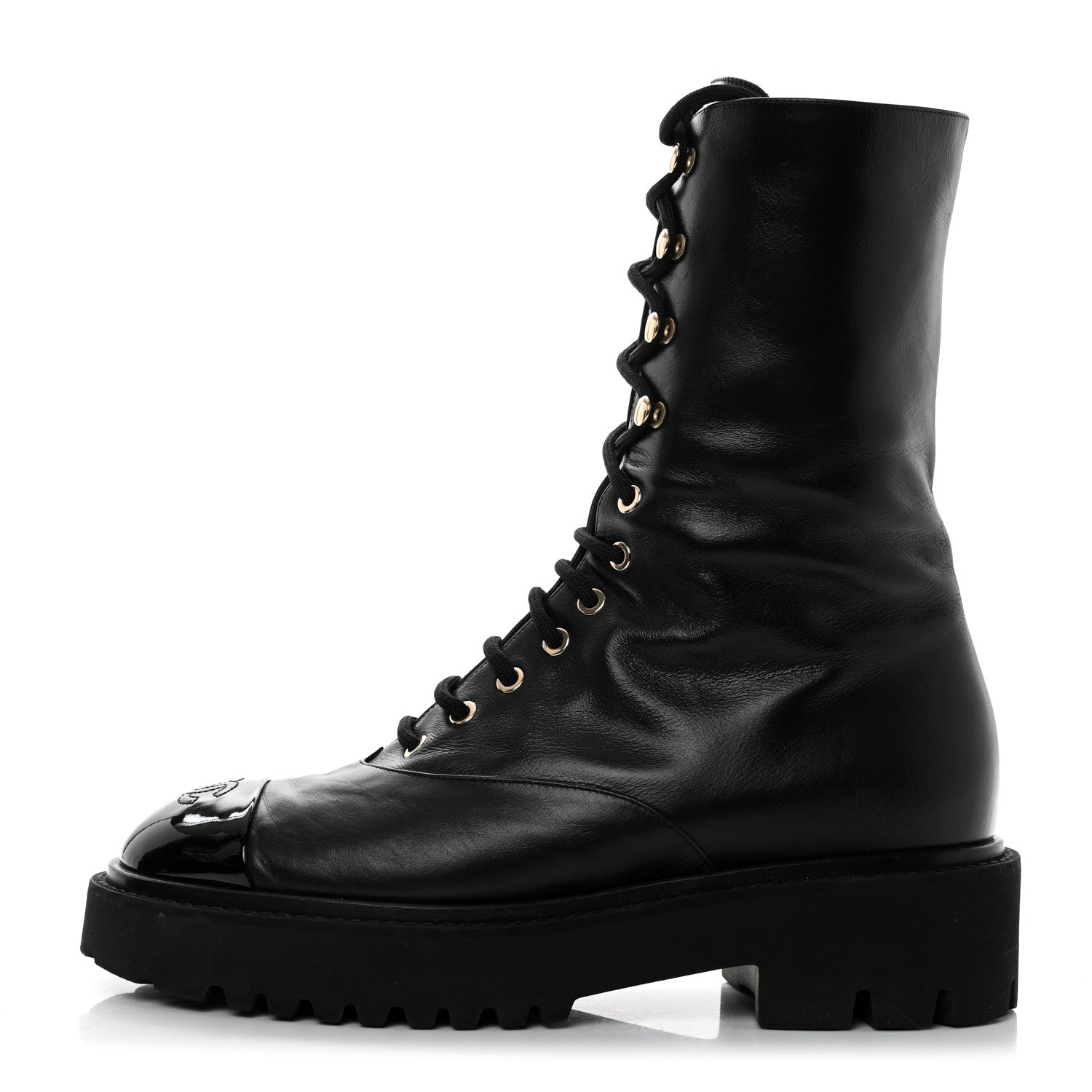 Chanel Calfskin Patent Cap Toe Lace Up Combat Boots 41 Black 1 of 8