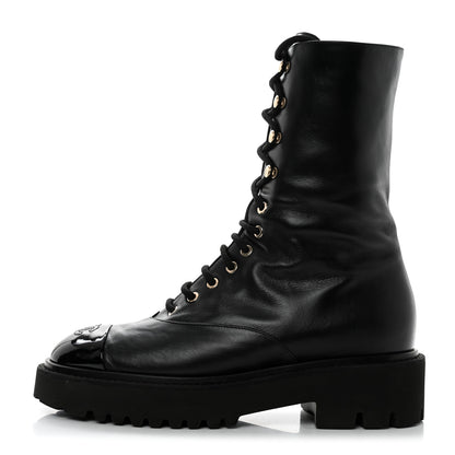 Chanel Calfskin Patent Cap Toe Lace Up Combat Boots 41 Black 1 of 8