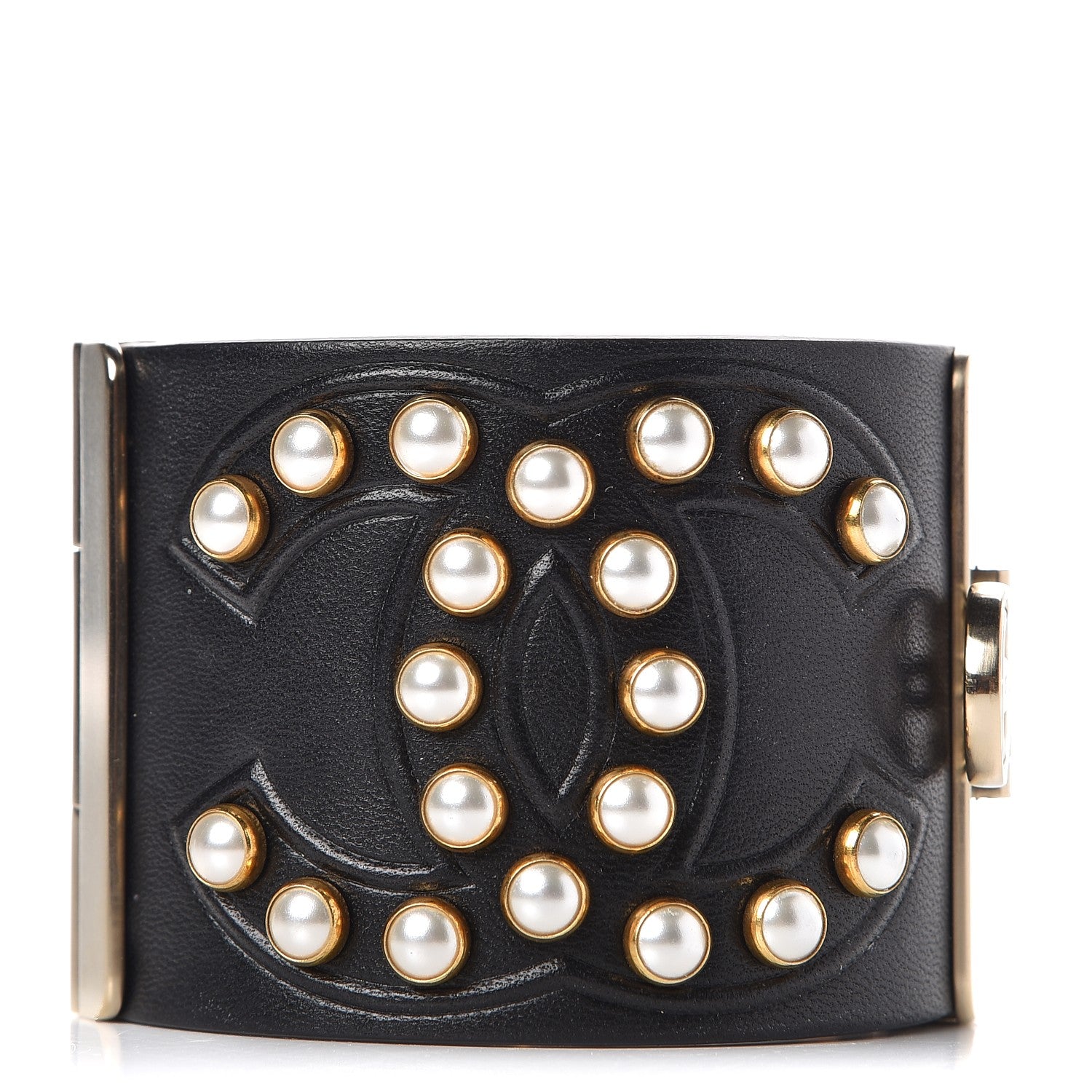 Chanel Lambskin Calfskin Pearl CC Cuff Bracelet Black Gold 1 of 7