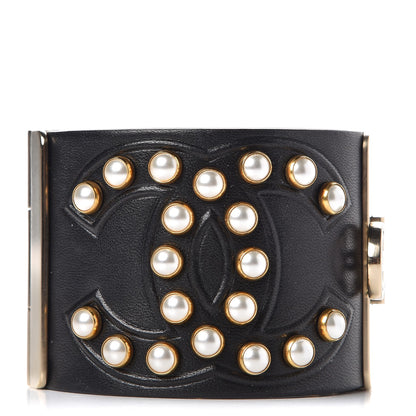 Chanel Lambskin Calfskin Pearl CC Cuff Bracelet Black Gold 1 of 7