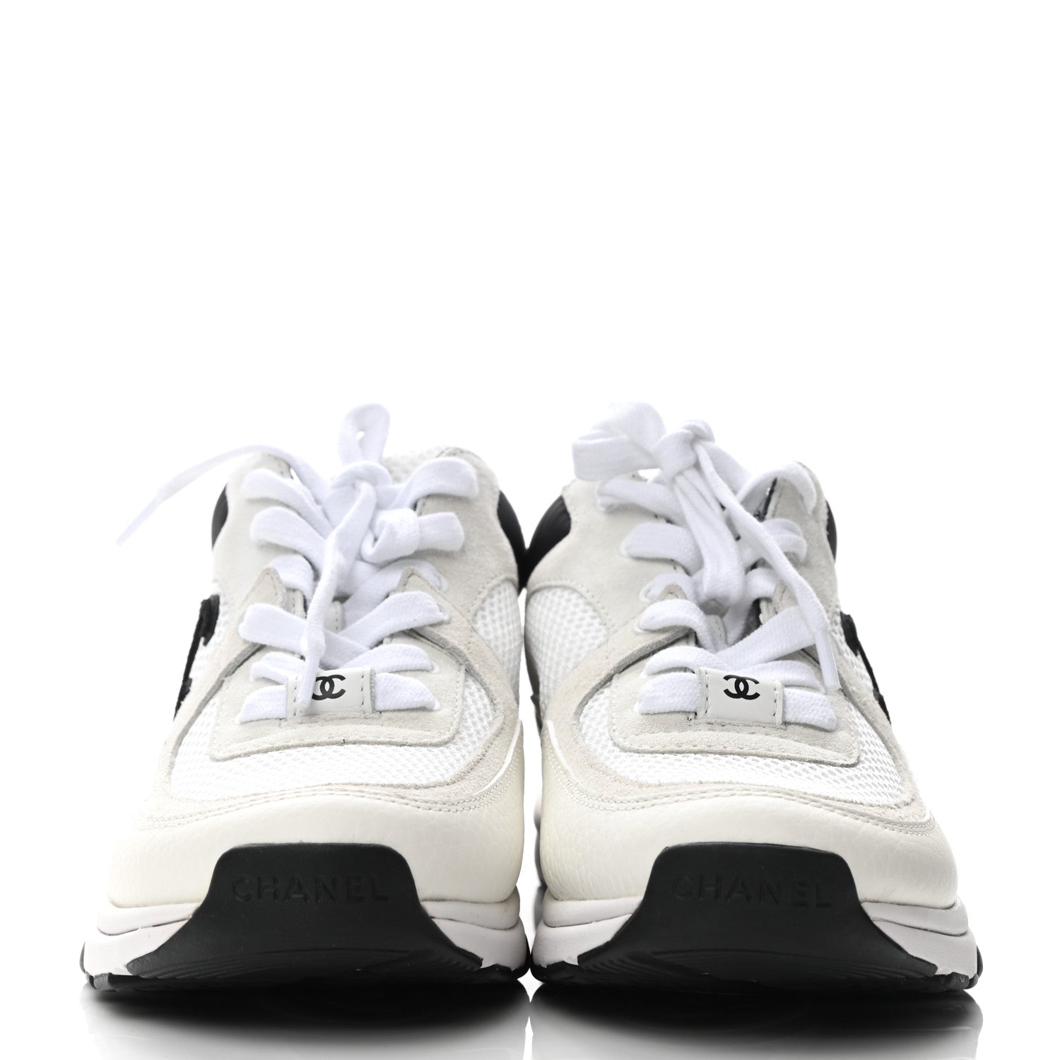 Chanel Mesh Suede Calfskin Grained Calfskin Womens CC Sneakers 37 White Black 2 of 7