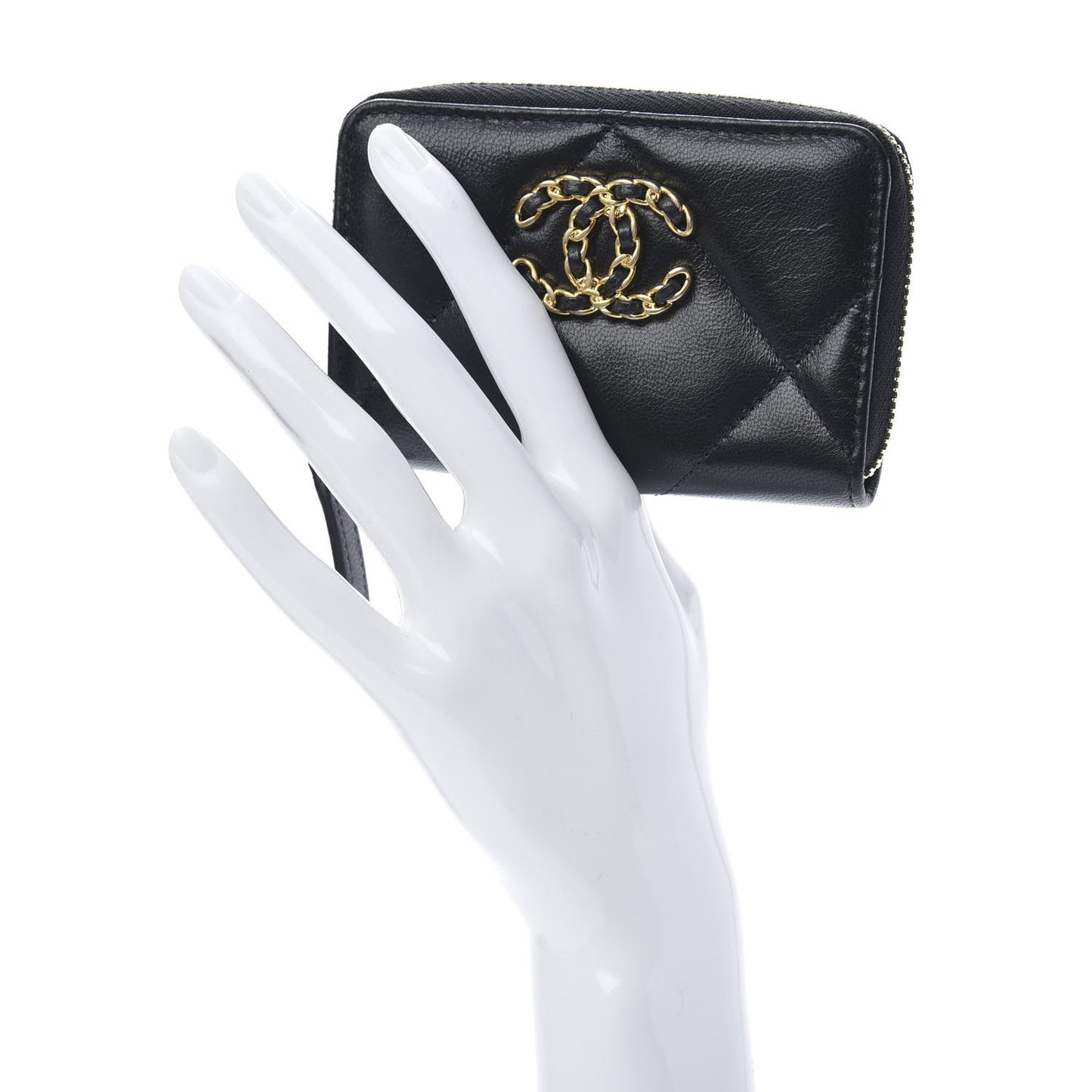 Shiny Goatskin Quilted Chanel 19 Zip Around Coin Purse Wallet Black