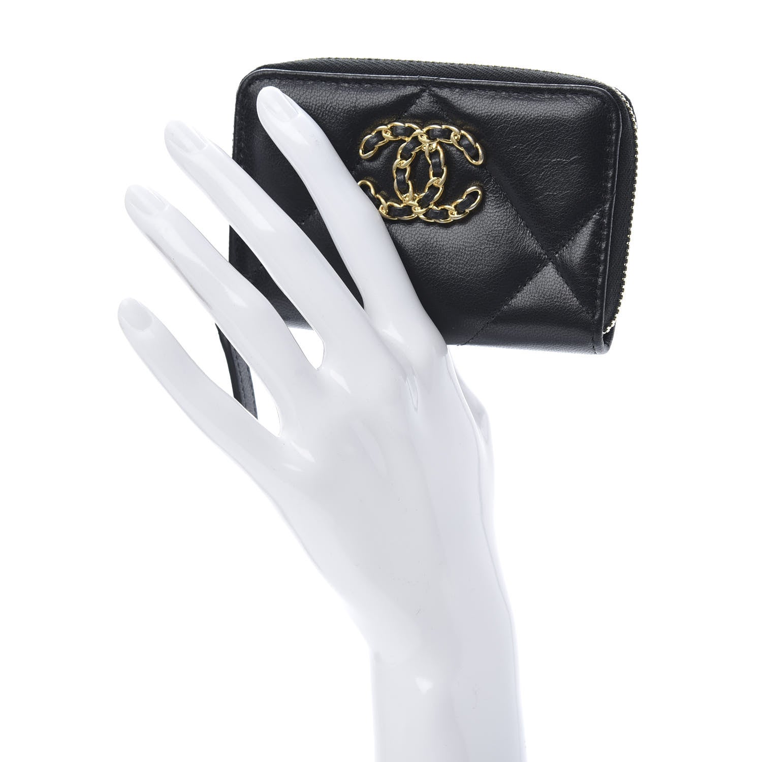 Chanel Shiny Goatskin Quilted Chanel 19 Zip Around Coin Purse Wallet Black 2 of 8