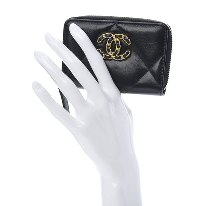 Chanel Shiny Goatskin Quilted Chanel 19 Zip Around Coin Purse Wallet Black 2 of 8