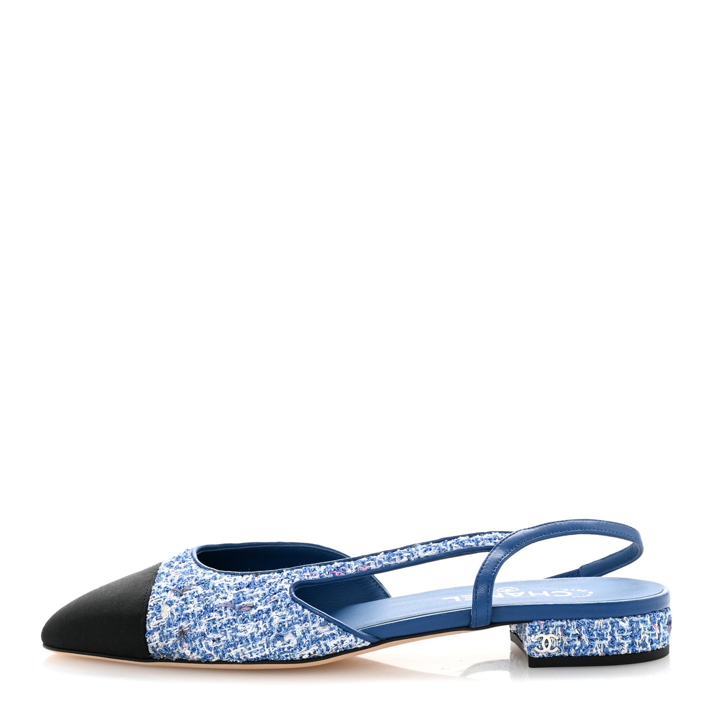 Tweed Grosgrain Cap Toe Slingback Flats 41 Blue White Black