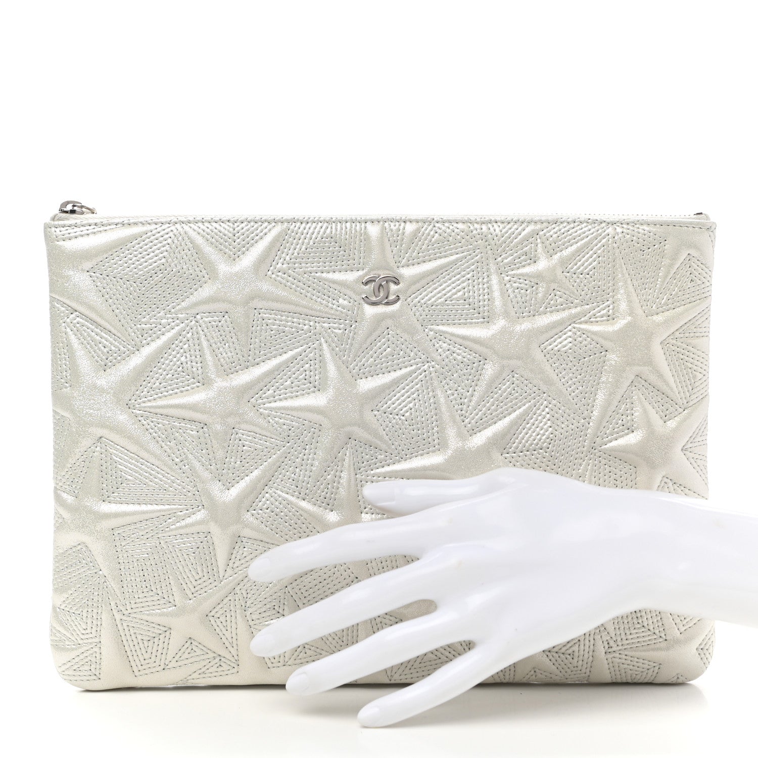 Chanel Metallic Lambskin Star Embossed Medium Cosmetic Pouch Light Silver 2 of 7