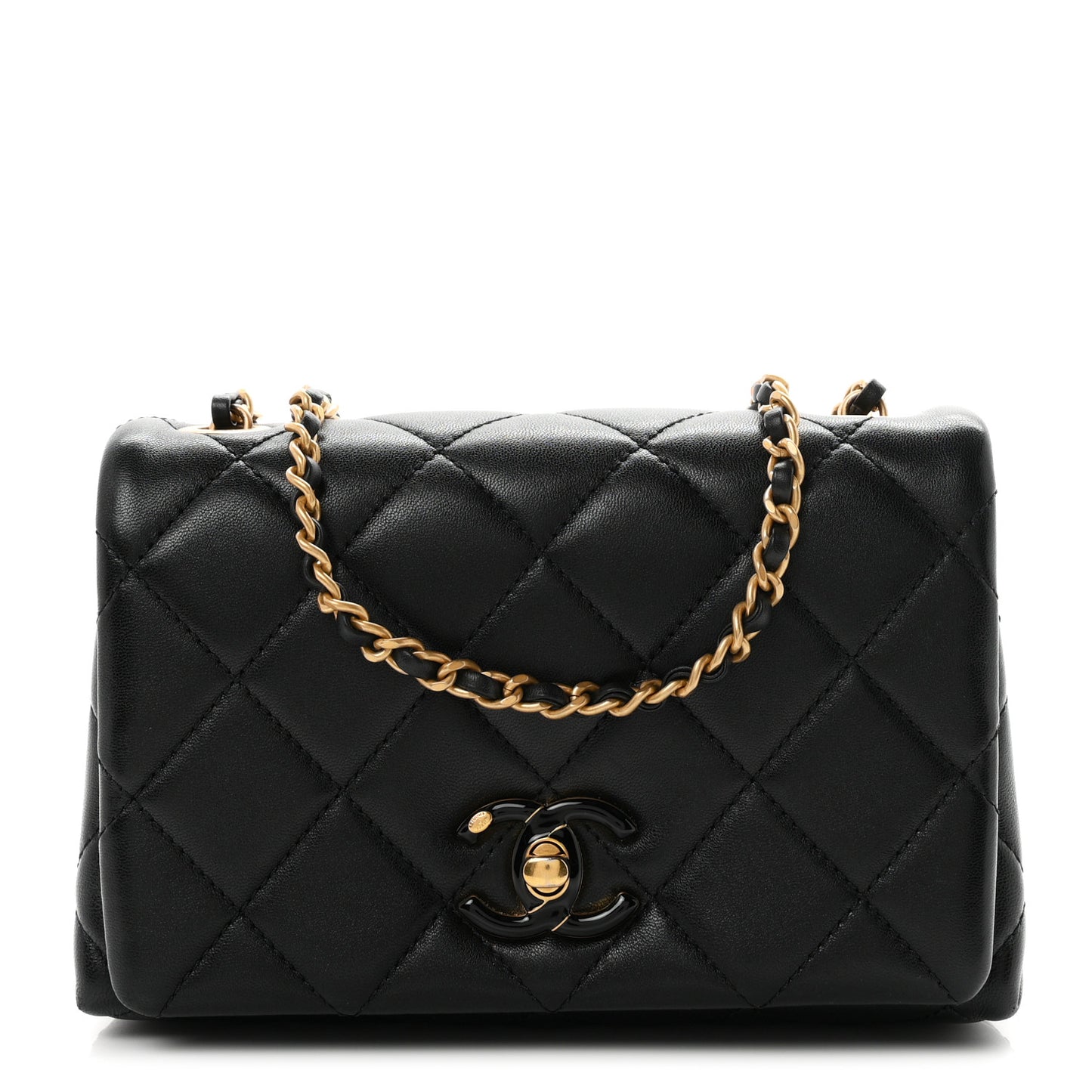 Shiny Lambskin Quilted Enamel CC Mini Flap Black