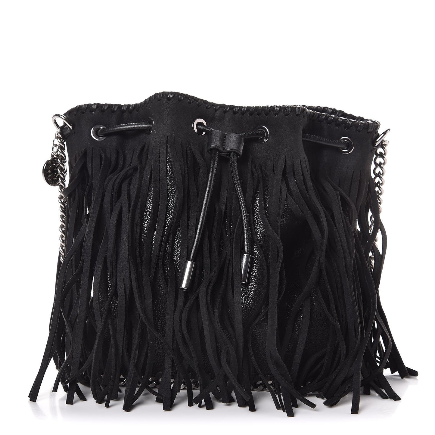 Shaggy Deer Fringe Falabella Bucket Bag Black