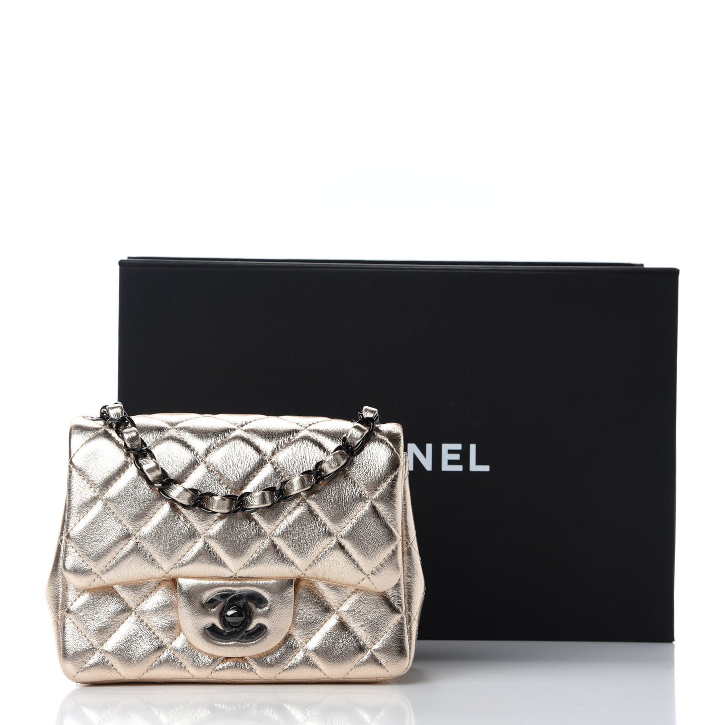 Metallic Lambskin Quilted Mini Square Flap Gold Black