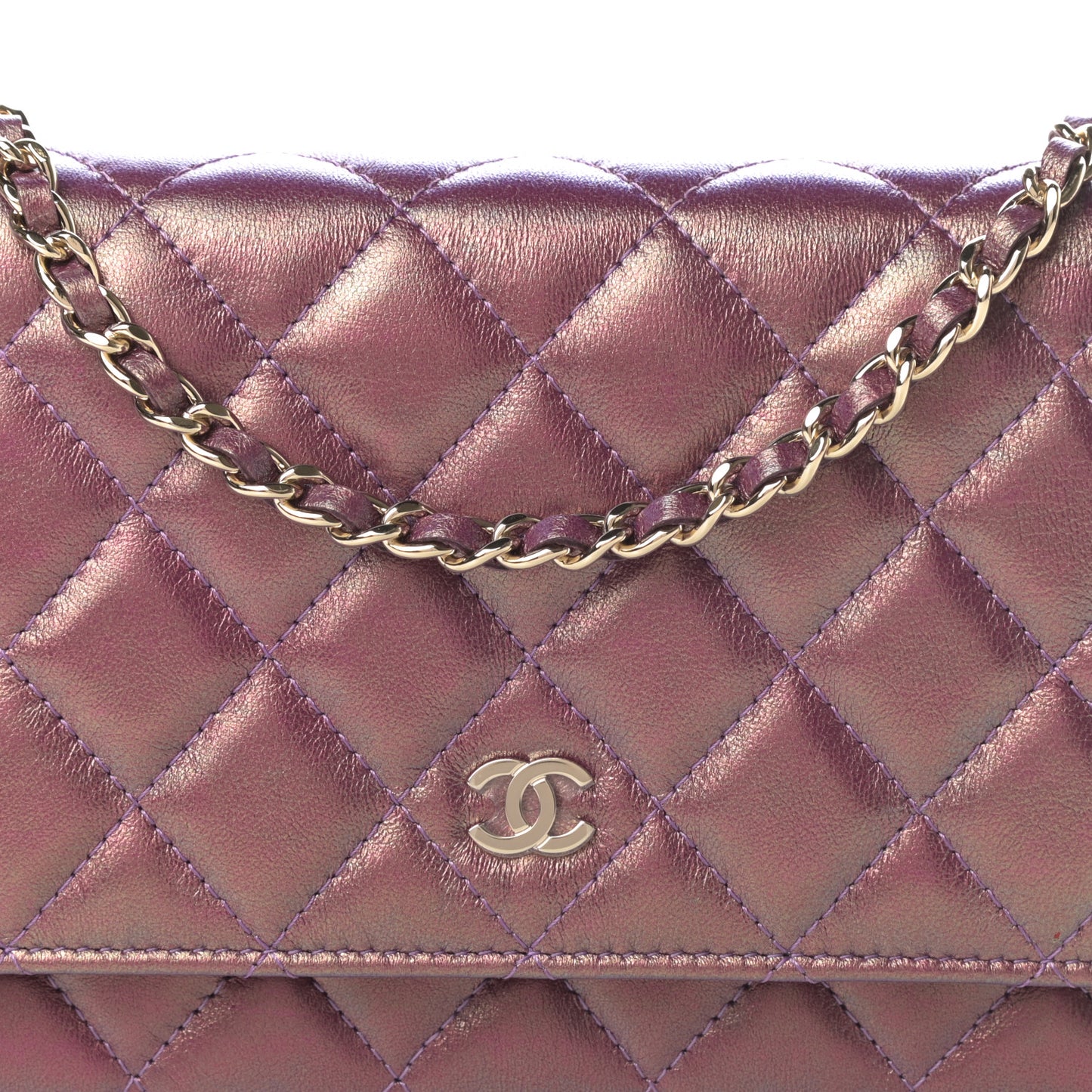 Iridescent Lambskin Quilted Wallet On Chain WOC Purple