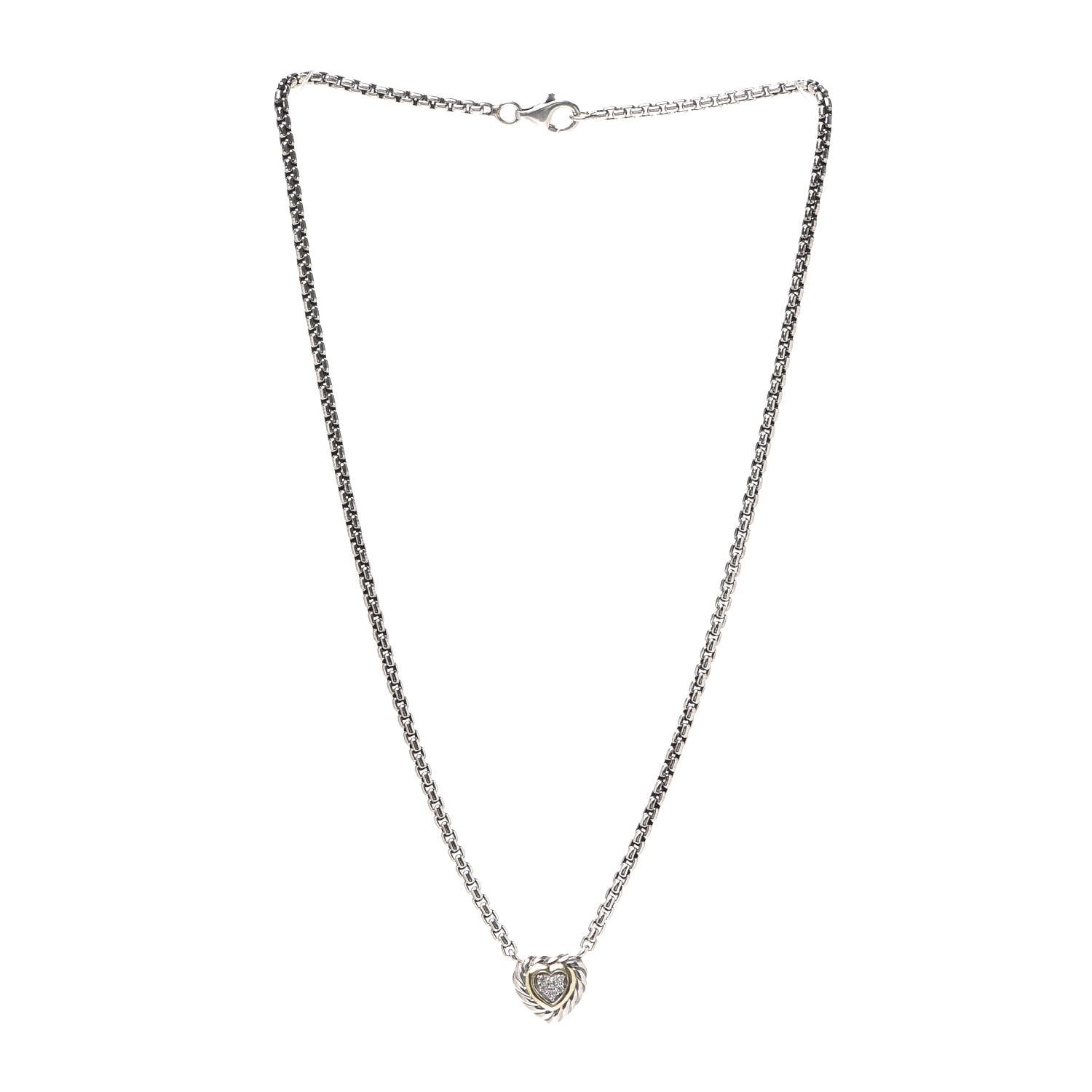 David Yurman Sterling Silver 18K Yellow Gold Diamond Pave Cable Heart Pendant Necklace 3 of 5