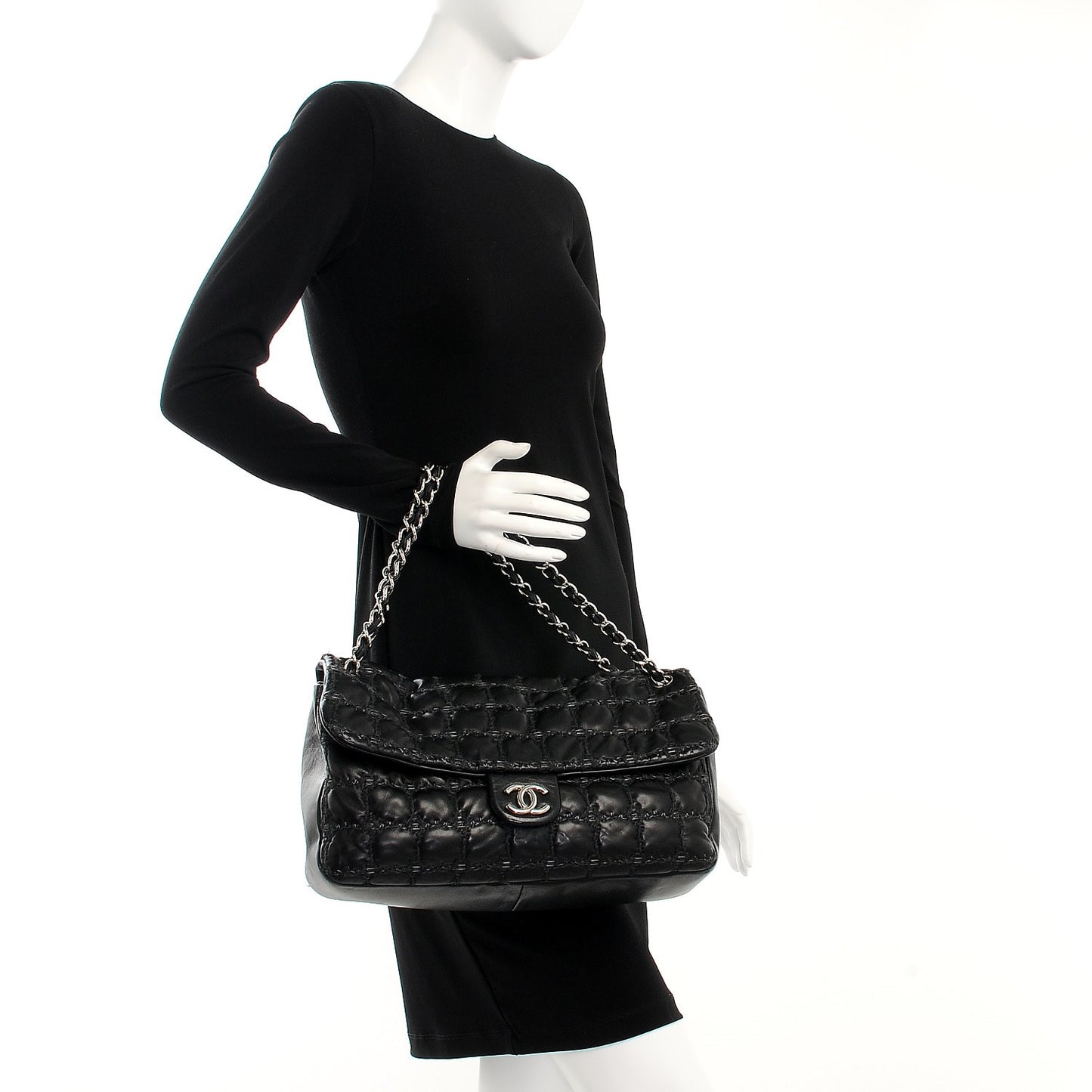 Lambskin Tweed Double Stitch Maxi Flap Black