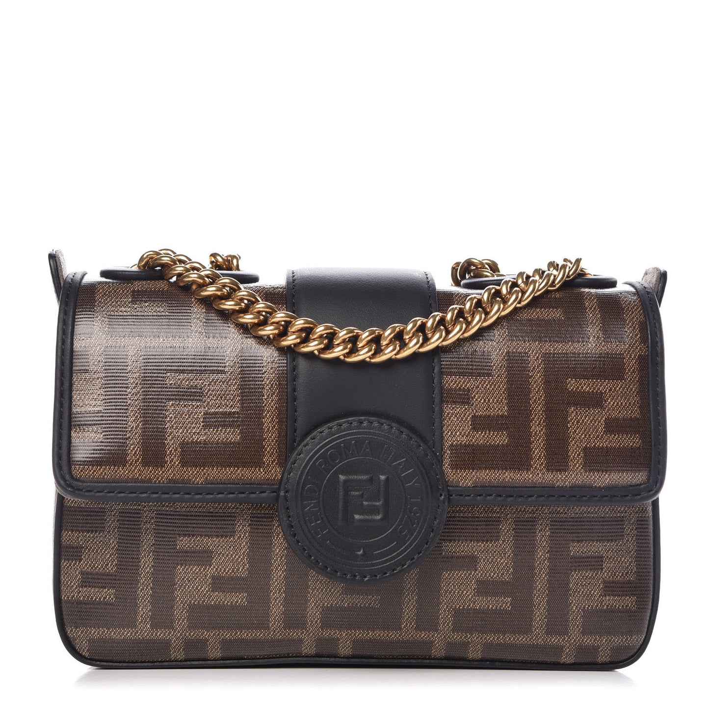 Glazed Fabric Vitello Century FF 1974 Stamp Patch Mini Double F Crossbody Bag Mogano Panna Black