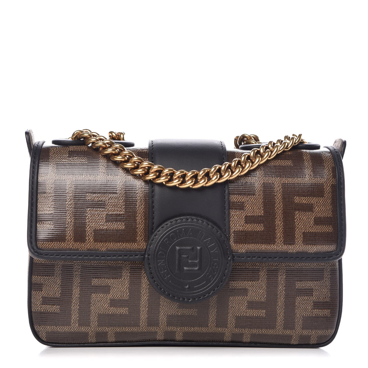 Fendi Glazed Fabric Vitello Century FF 1974 Stamp Patch Mini Double F Crossbody Bag Mogano Panna Black 1 of 9