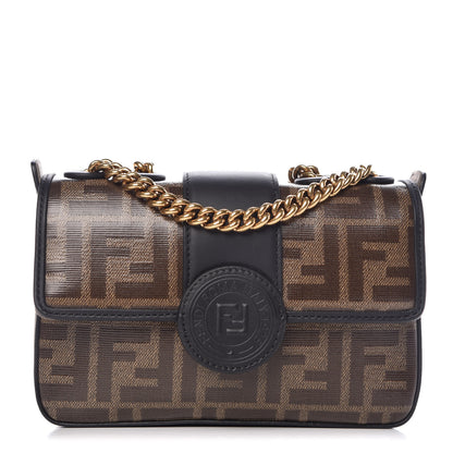 Fendi Glazed Fabric Vitello Century FF 1974 Stamp Patch Mini Double F Crossbody Bag Mogano Panna Black 1 of 9