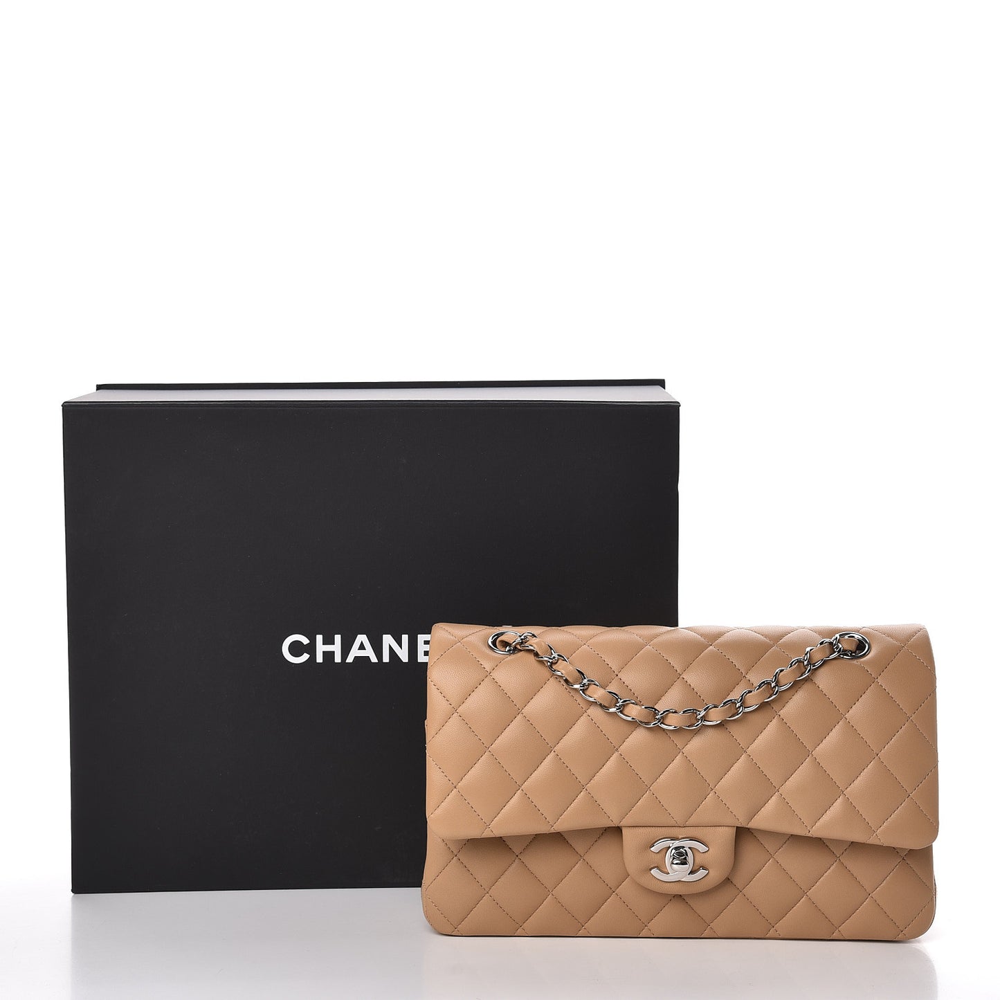 Lambskin Quilted Medium Double Flap Beige