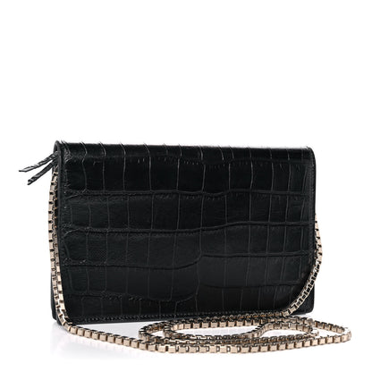 Balenciaga Calfskin Crocodile Embossed Classic Silver Hardware Wallet on Chain Black 2 of 9