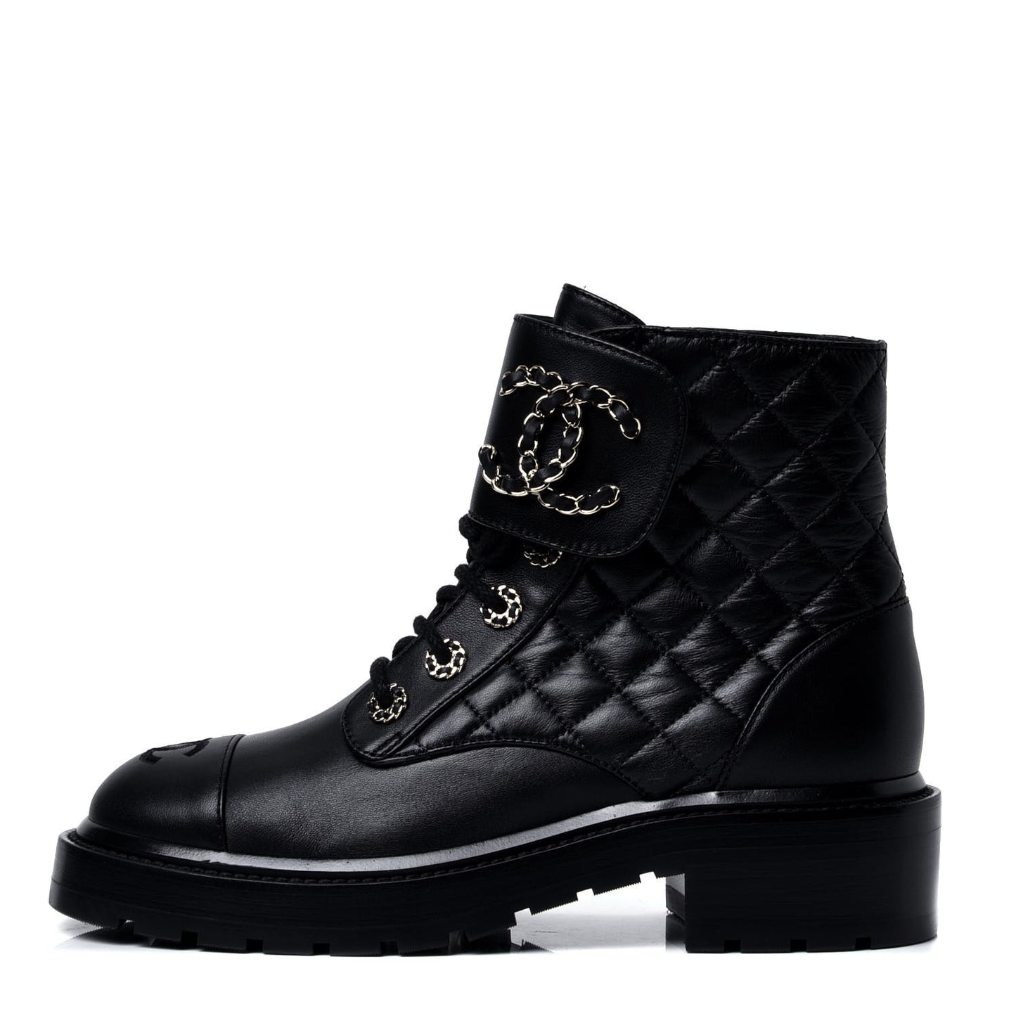 Shiny Lambskin Quilted Lace Up Combat Boots 37 Black