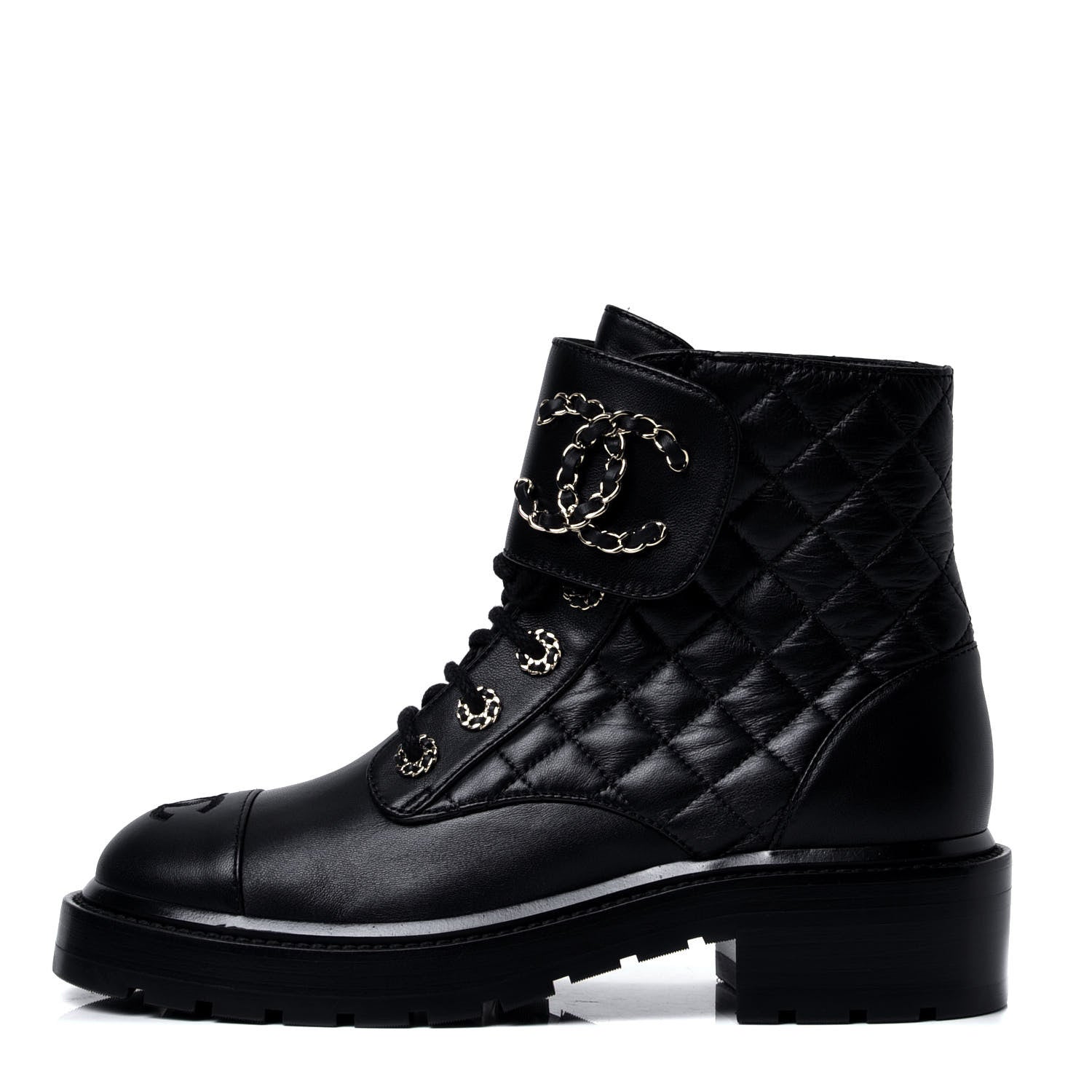 Chanel Shiny Lambskin Quilted Lace Up Combat Boots 37 Black 1 of 6